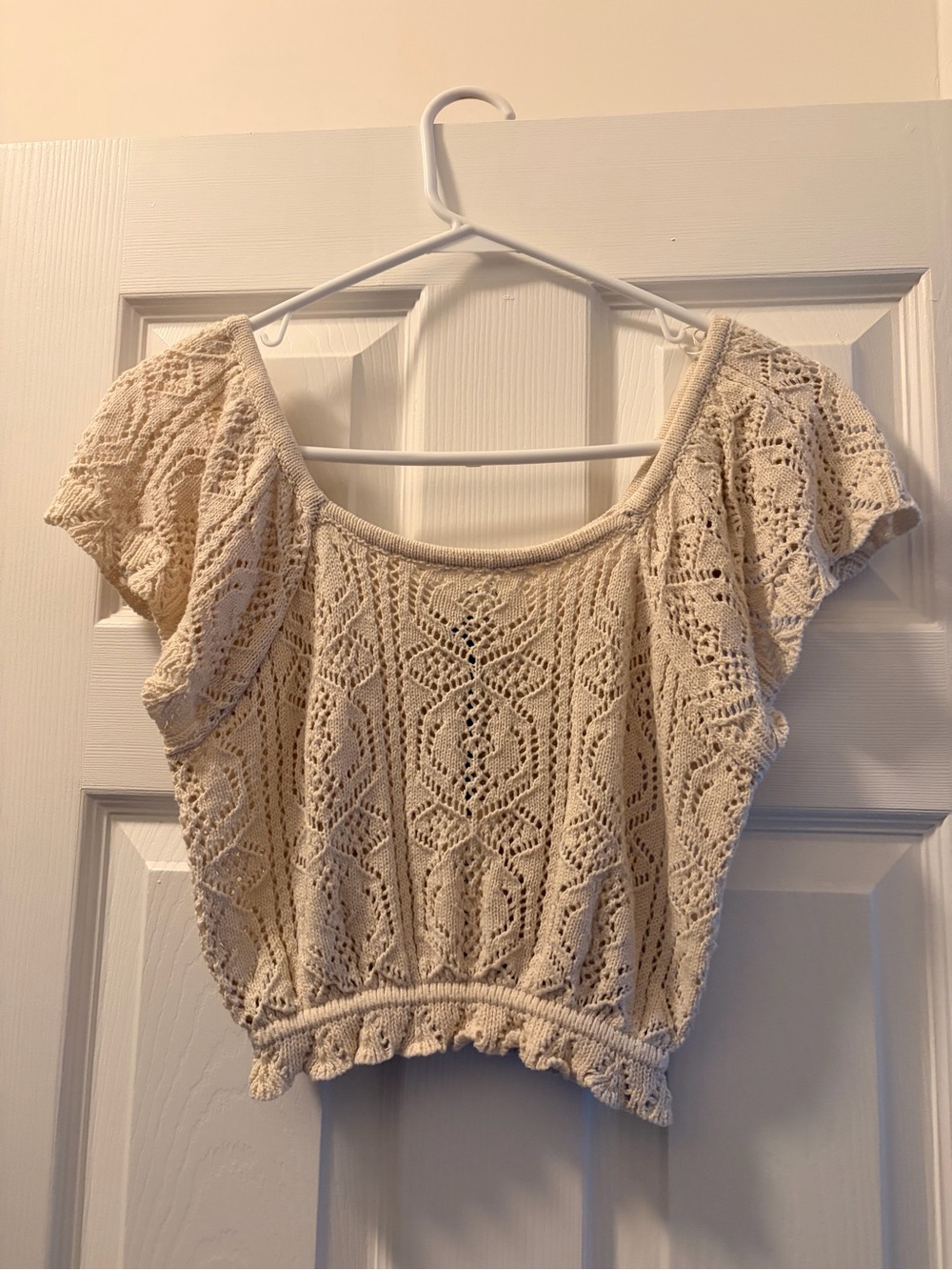 T.J.Maxx Cream Crochet Crop Top with Ruffled Hem